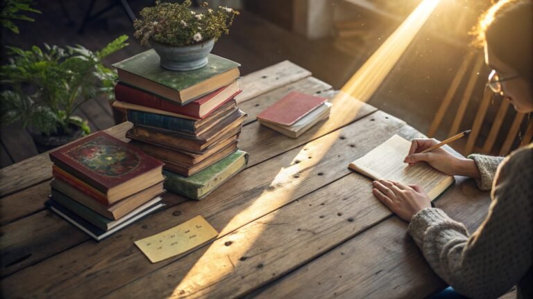 A woman's hand resting on an old index card next to a pile of overwhelming gardening books.