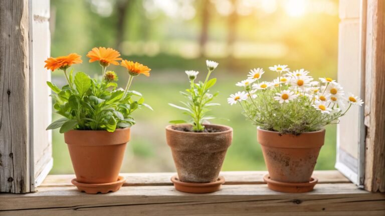 Three terracotta pots on a sunny windowsill containing calendula, peppermint, and chamomile, representing a simple start to a medicinal garden.