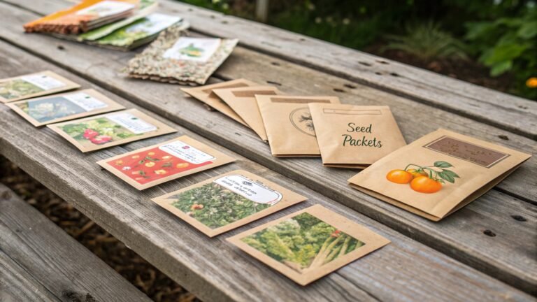 A variety of seed packets contrasted on a weathered wood table, showcasing the vast differences in seed origin: faded grocery store packets, flashy marketing packages, handwritten envelopes with hand-drawn labels, and products from professional seed companies.