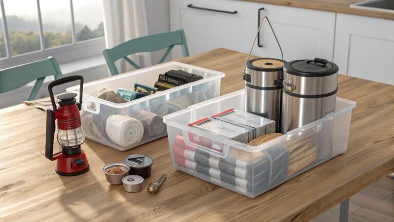 A kitchen-table flat-lay: two clear bins being labeled and packed with 72-hour family emergency supplies—headlamp, LED lantern, power bank, manual can opener, foil blankets, water containers
